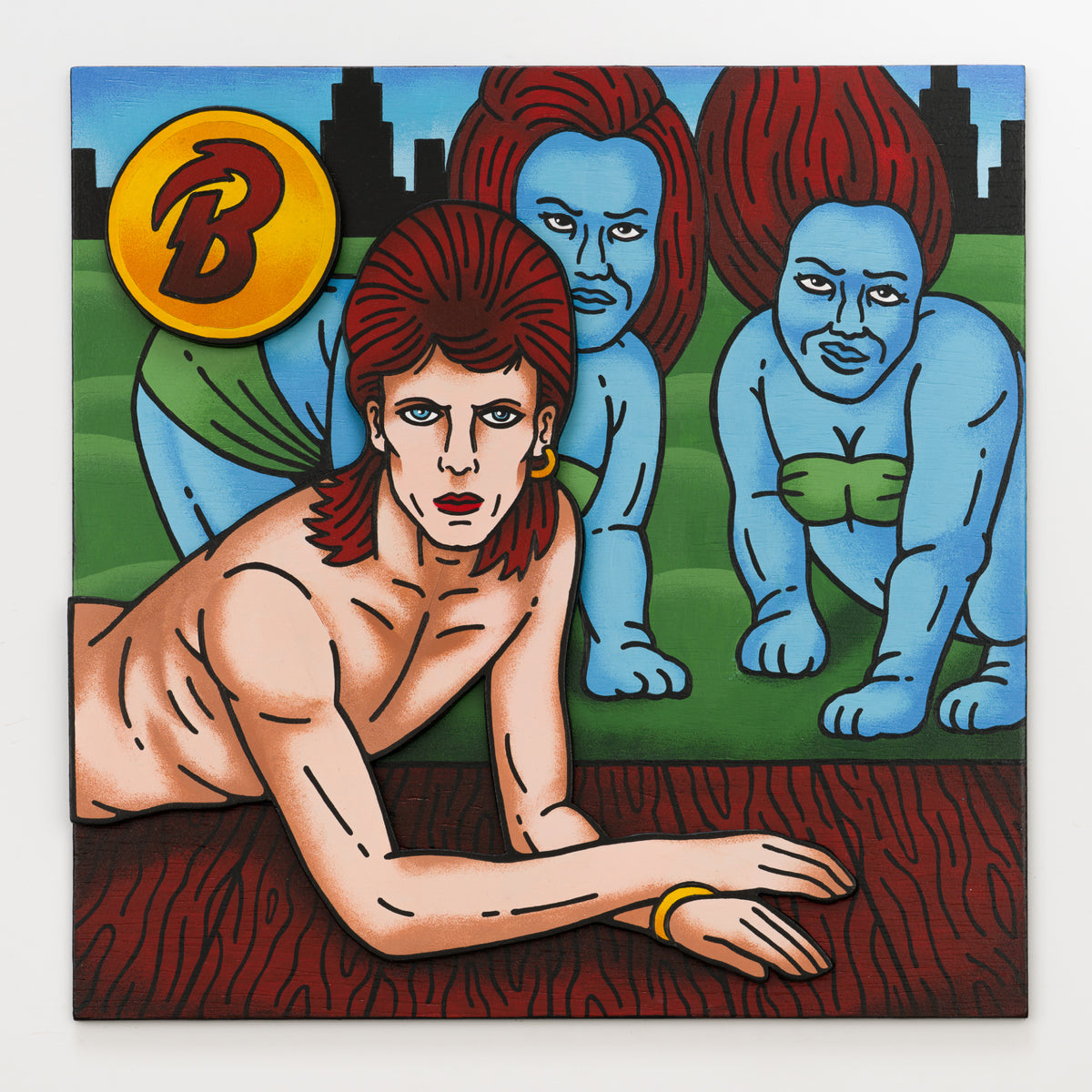 Bryan Walton's panel reinterpreting Diamond Dogs by David Bowie, 12 by 12 inch plywood, from The LP Show 2026