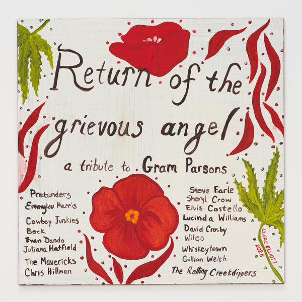 Claire Elliott's panel reinterpreting Return of the Grievous Angel by Various Artists, 12 by 12 inch plywood, from The LP Show 2026