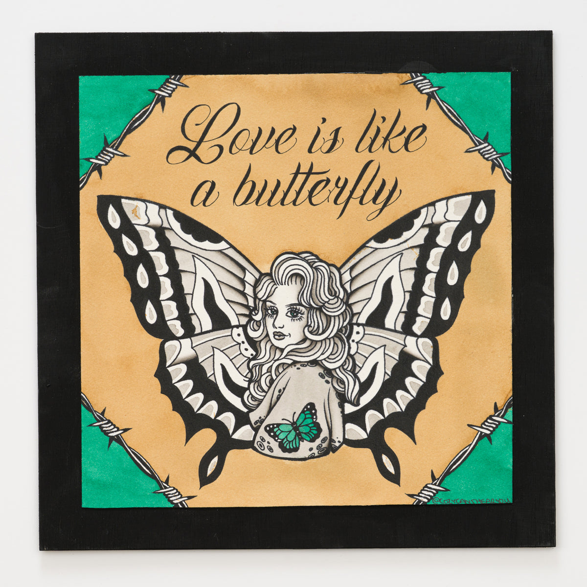 Cozy's panel reinterpreting Love Is Like a Butterfly by Dolly Parton, 12 by 12 inch plywood, from The LP Show 2026