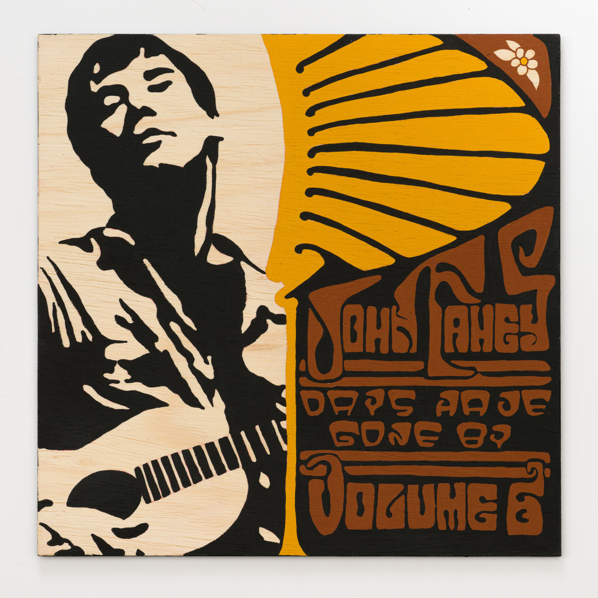 Dean Coward's panel reinterpreting Days Have Gone By, Volume 6 by John Fahey, 12 by 12 inch plywood, from The LP Show 2026