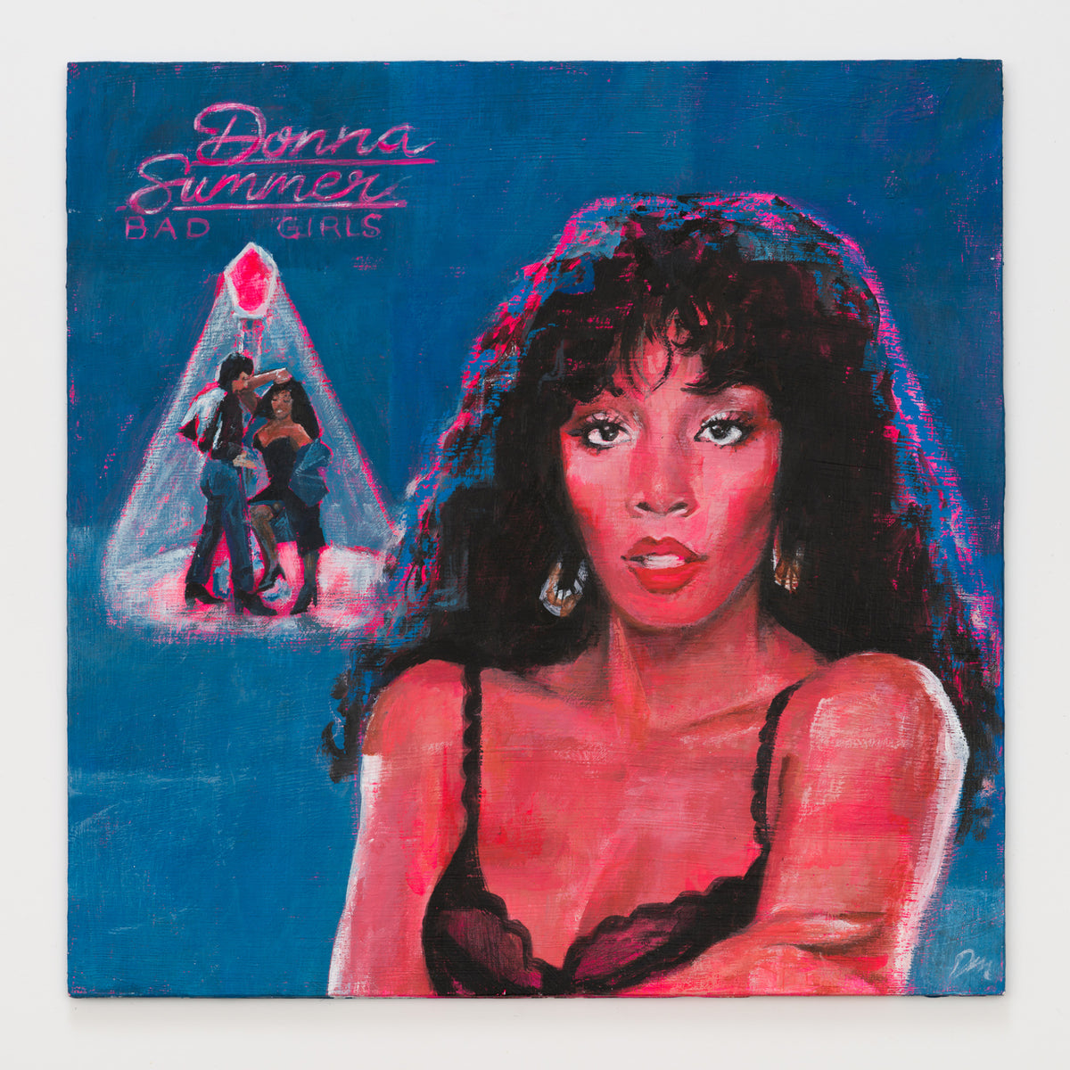 Dylan Mead's panel reinterpreting Bad Girls by Donna Summer, 12 by 12 inch plywood, from The LP Show 2026