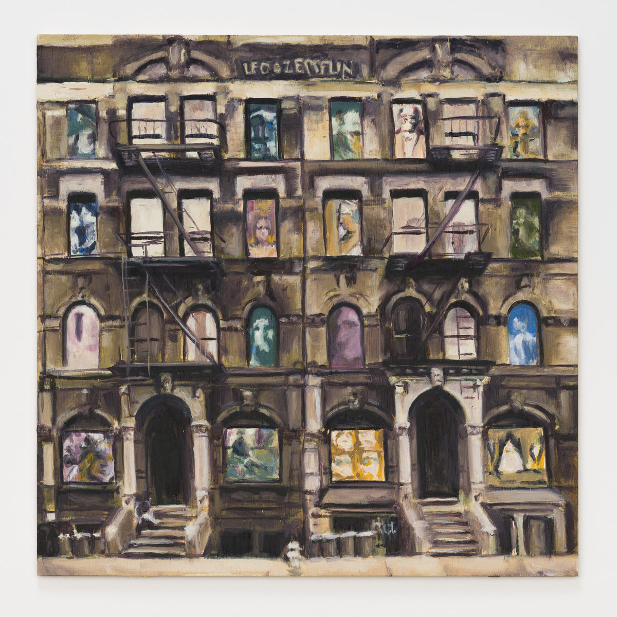 Elisabeth Zarnick's panel reinterpreting Physical Graffiti by Led Zeppelin, 12 by 12 inch plywood, from The LP Show 2026