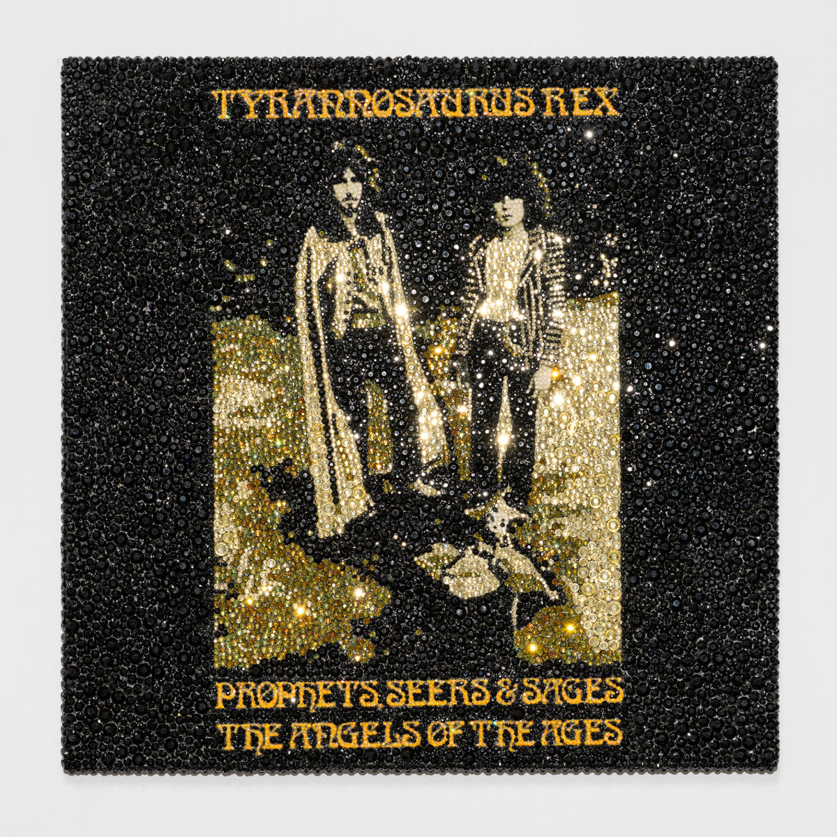 Emily Kocsis's panel reinterpreting Prophets, Seers & Sages by Tyrannosaurus Rex, 12 by 12 inch plywood, from The LP Show 2026