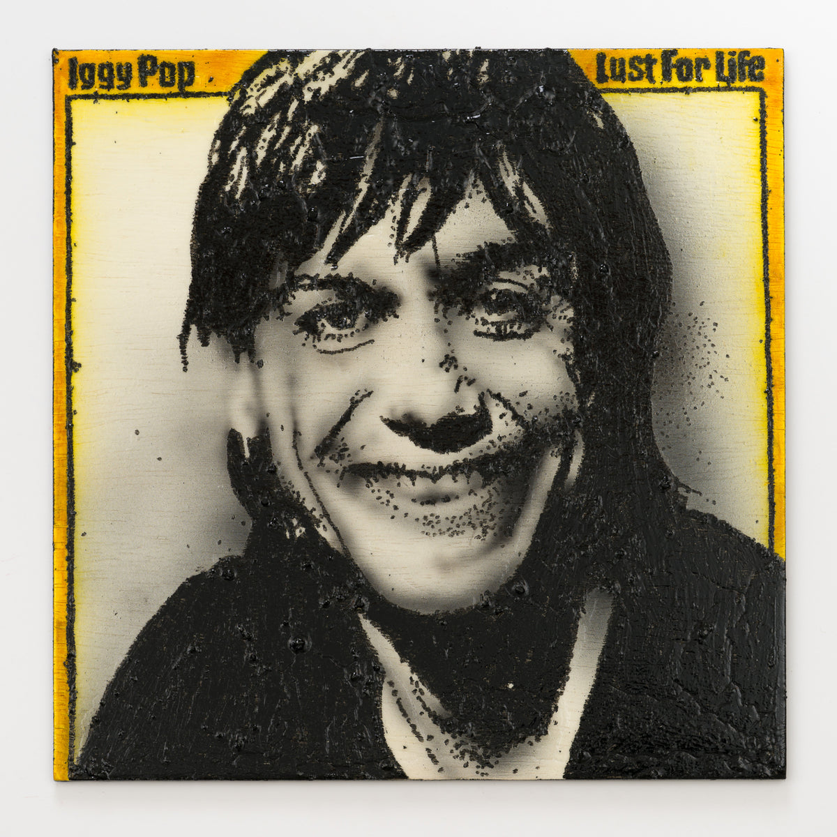 Forest Wolf Kell's panel reinterpreting Lust for Life by Iggy Pop, 12 by 12 inch plywood, from The LP Show 2026