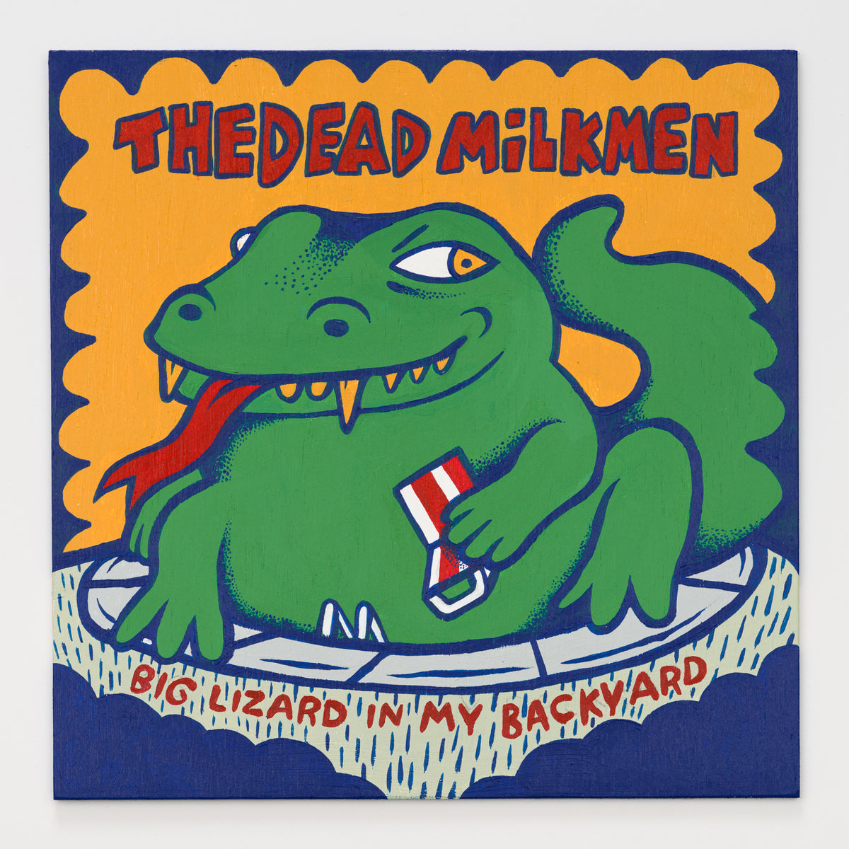 Jade Sturms's panel reinterpreting Big Lizard in My Backyard by The Dead Milkmen, 12 by 12 inch plywood, from The LP Show 2026