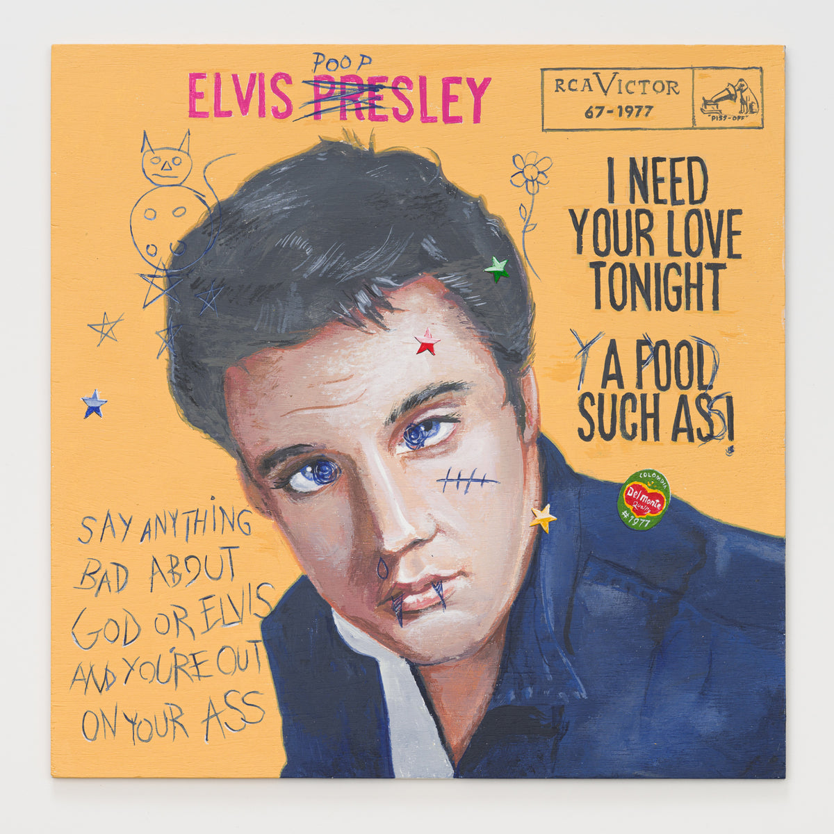 Kyle Norman Allen's panel reinterpreting I Need Your Love Tonight by Elvis Presley, 12 by 12 inch plywood, from The LP Show 2026