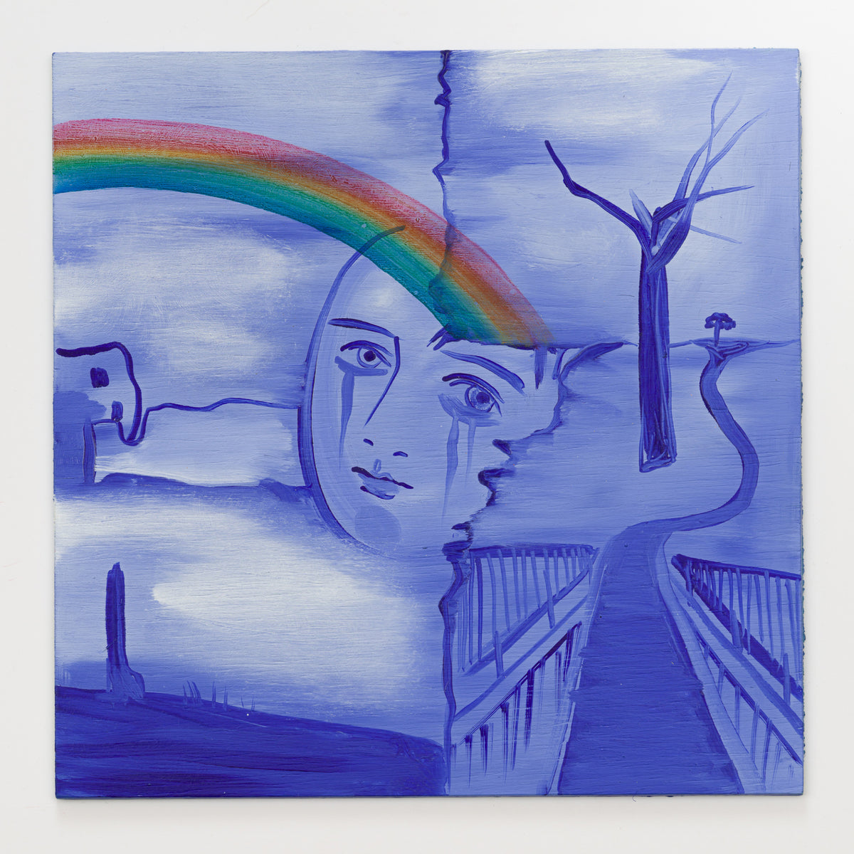 Laura Burke's panel reinterpreting Script of the Bridge by The Chameleons, 12 by 12 inch plywood, from The LP Show 2026