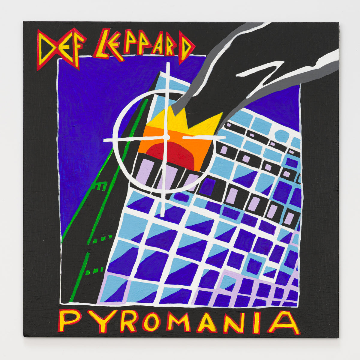Matt diLeo's panel reinterpreting Pyromania by Def Leppard, 12 by 12 inch plywood, from The LP Show 2026
