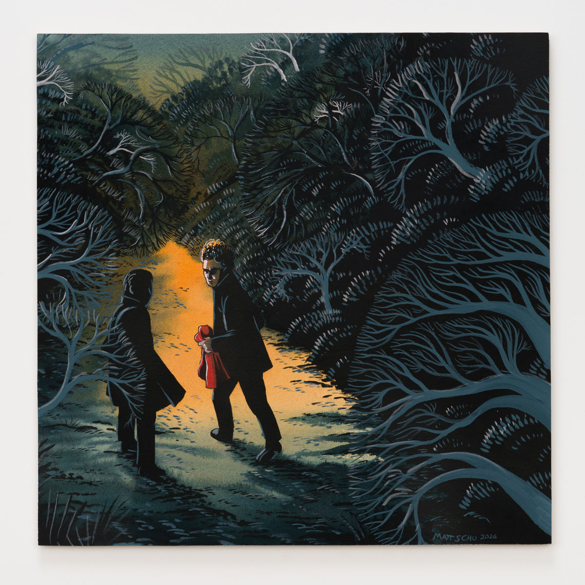 Matt Schu's panel reinterpreting Sounds of Silence by Simon and Garfunkel, 12 by 12 inch plywood, from The LP Show 2026