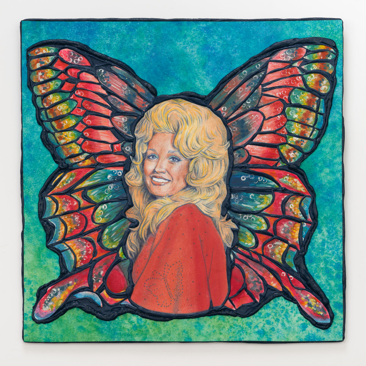Megan Chin's panel reinterpreting Love Is Like a Butterfly by Dolly Parton, 12 by 12 inch plywood, from The LP Show 2026