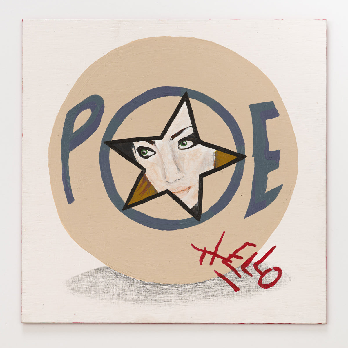 Morgan Browning's panel reinterpreting Hello by Poe, 12 by 12 inch plywood, from The LP Show 2026
