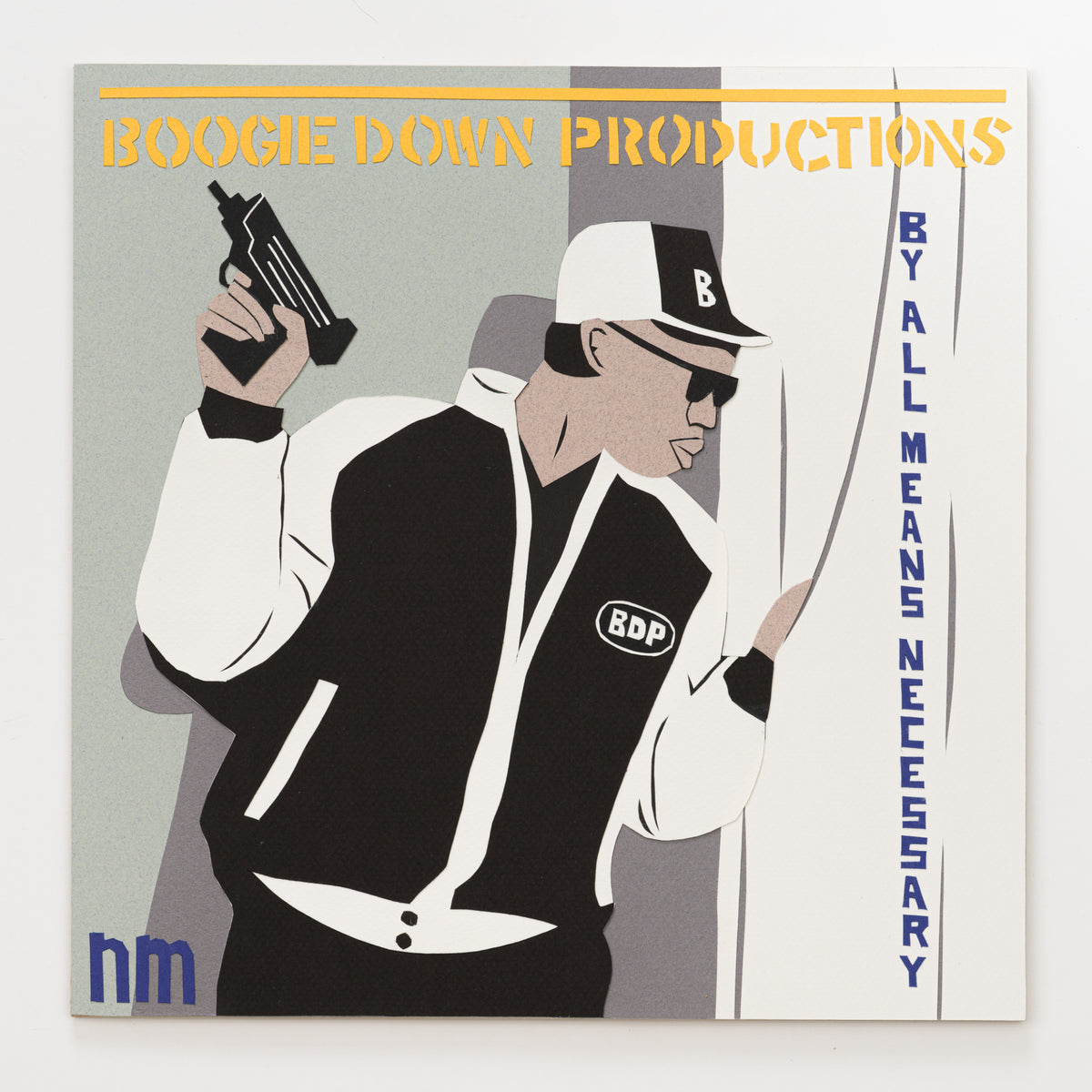 Nathan McKee's panel reinterpreting By All Means Necessary by Boogie Down Productions, 12 by 12 inch plywood, from The LP Show 2026