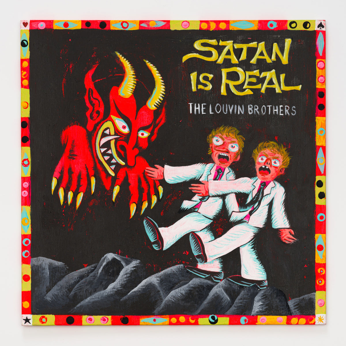 Olivia Storm's panel reinterpreting Satan Is Real by The Louvin Brothers, 12 by 12 inch plywood, from The LP Show 2026