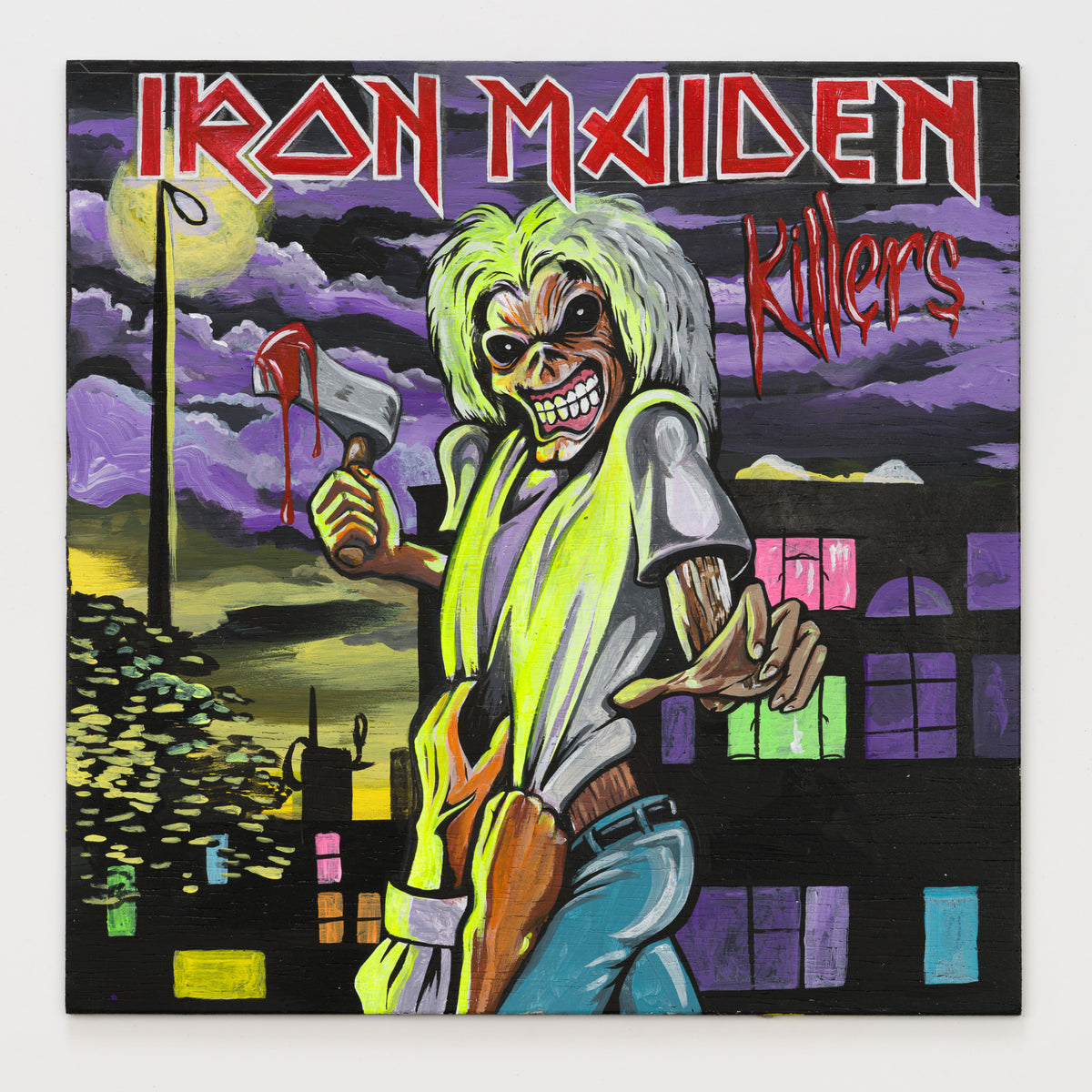 Paint Can Keith's panel reinterpreting Killers by Iron Maiden, 12 by 12 inch plywood, from The LP Show 2026