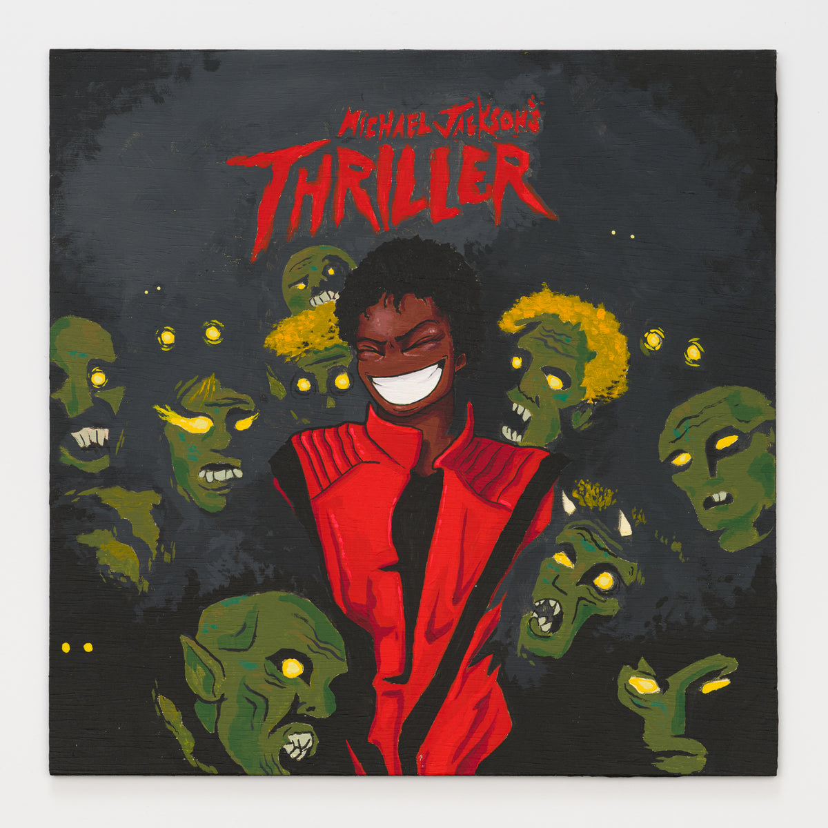 Stephen Hinton's panel reinterpreting Thriller by Michael Jackson, 12 by 12 inch plywood, from The LP Show 2026