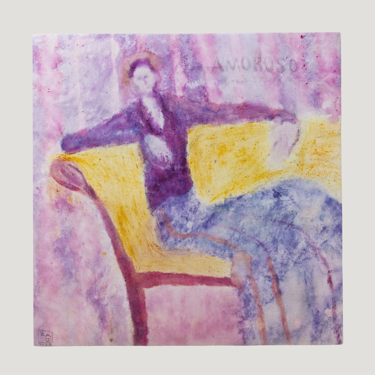 Zab Shavrick's panel reinterpreting Amoroso by Joao Gilberto, 12 by 12 inch plywood, from The LP Show 2026